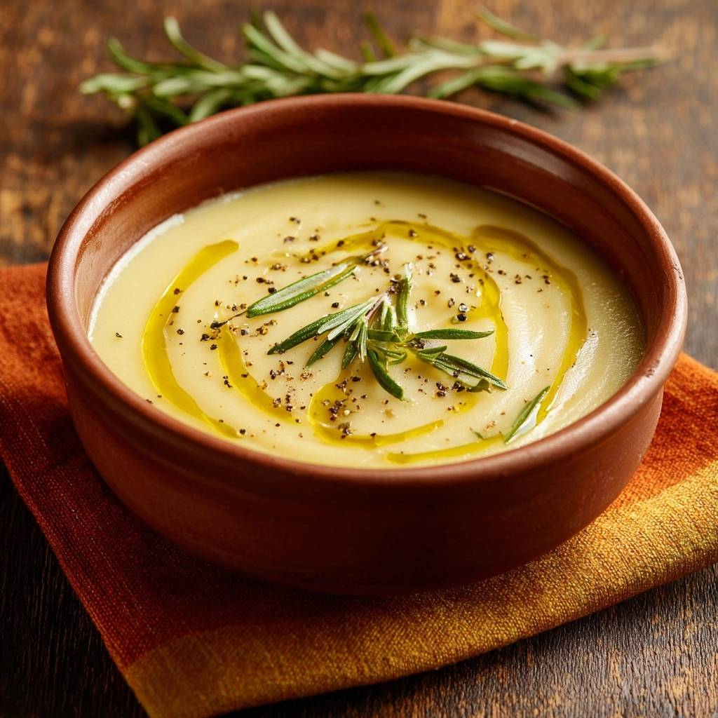 Cremige Rosmarin-Kartoffelsuppe, von oben fotografiert, garniert mit frischen Rosmarinzweigen und einem Schuss Olivenöl, angerichtet in einer rustikalen Schale.