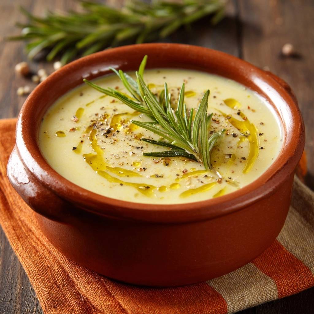 Cremige Rosmarin-Kartoffelsuppe, serviert in einer rustikalen Schale, garniert mit frischem Rosmarin und einem Hauch Olivenöl.