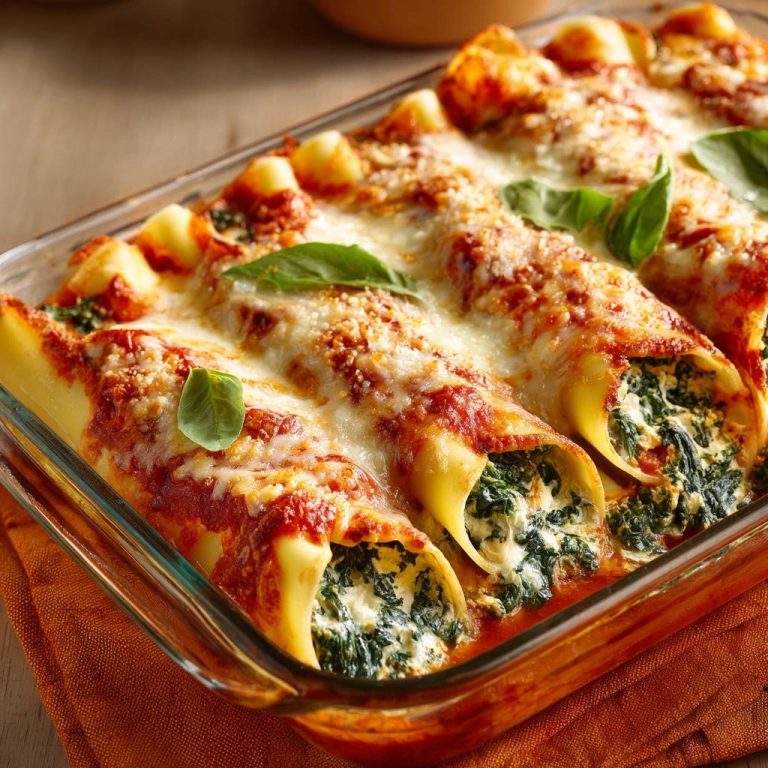 Cremige Spinat-Cannelloni in einer Nahaufnahme, überbacken mit geschmolzenem Käse und frischen Basilikumblättern garniert.