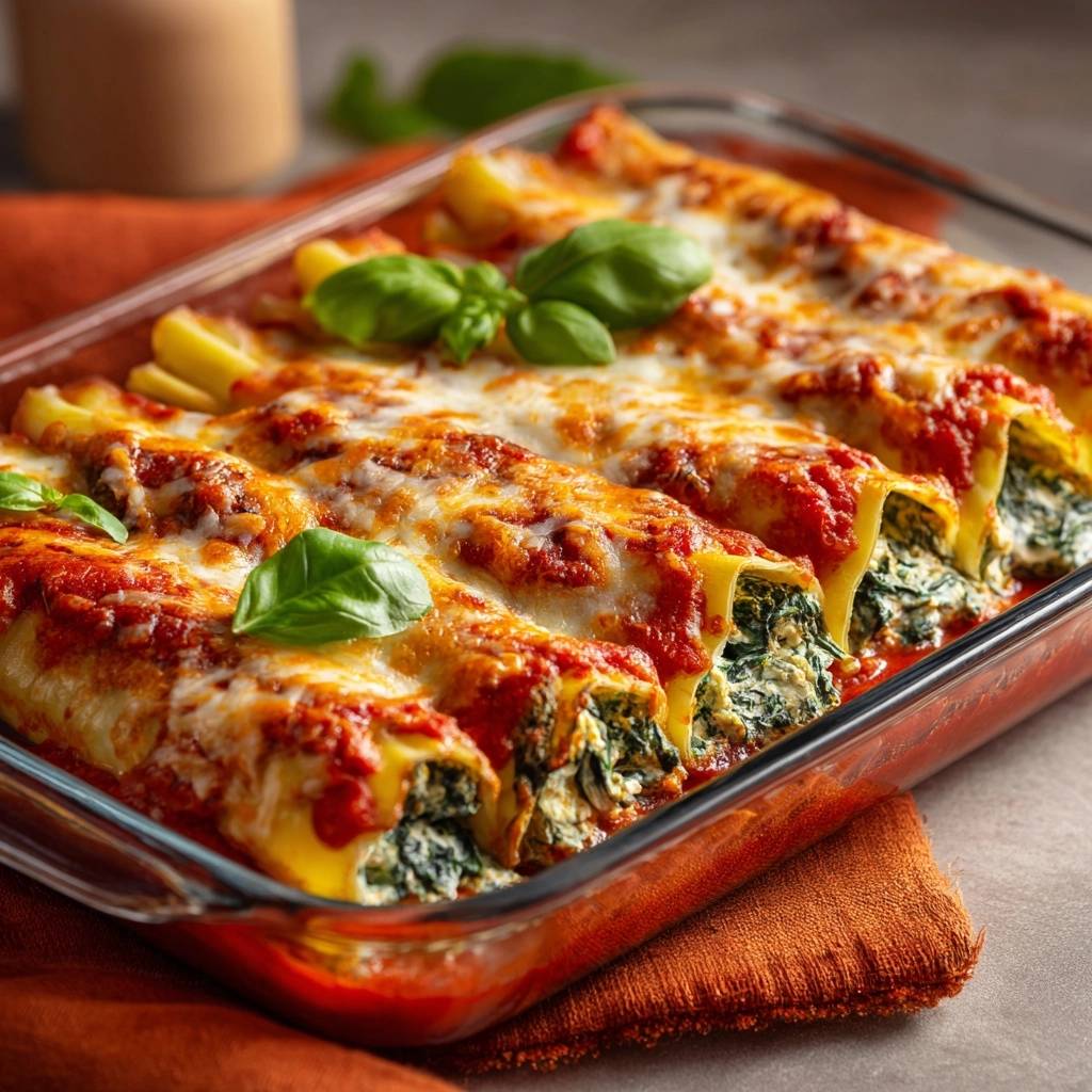 Cremige Spinat-Cannelloni in Nahaufnahme, garniert mit frischem Basilikum und geschmolzenem Käse, direkt aus dem Ofen.