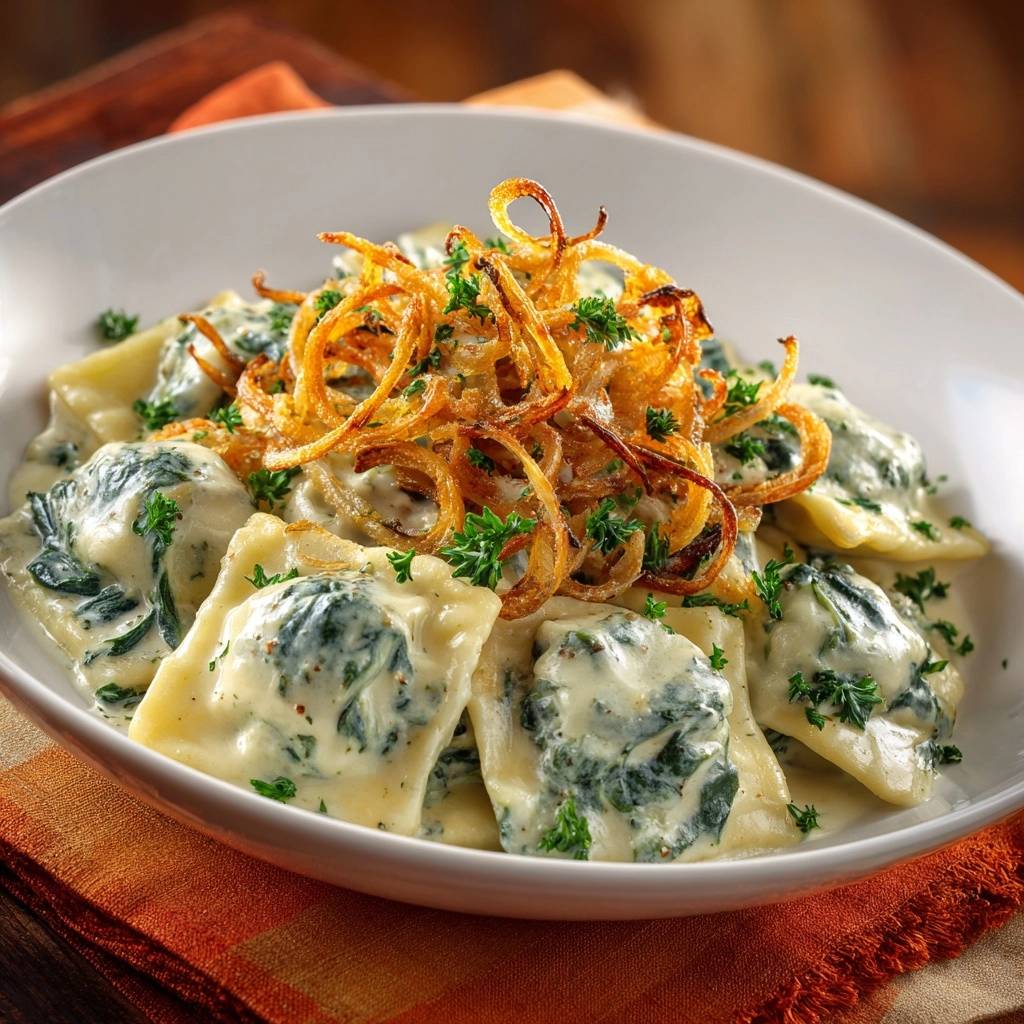 Cremige Spinat Ravioli Garniert 1 Cremige Spinat-Ravioli mit knusprigen Zwiebeln und Petersilie, nahaufnahme der garnierten Speise in einer weißen Schüssel.