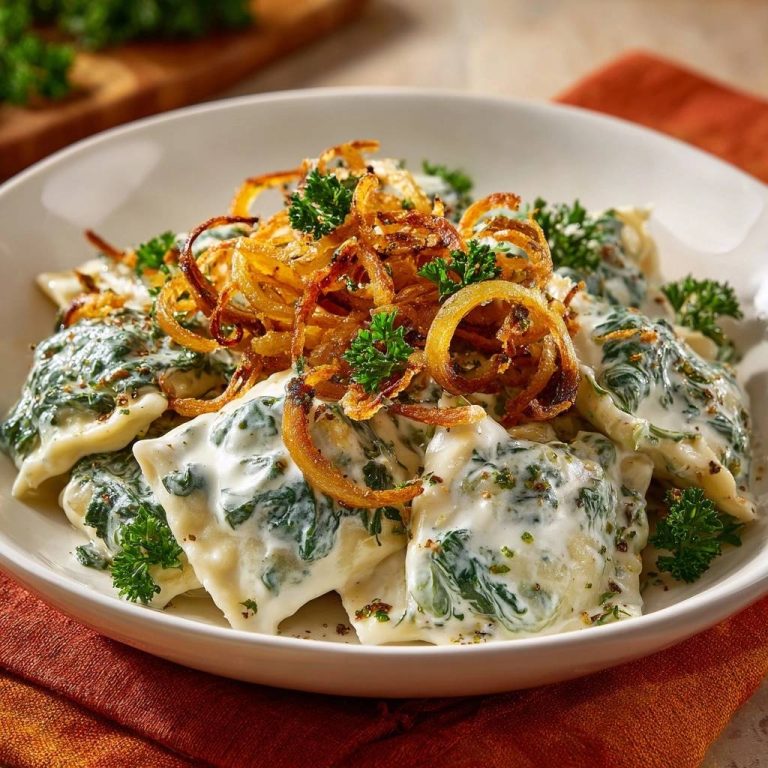 Cremige Spinat-Ravioli mit knusprigen Zwiebeln, serviert in einer weißen Schüssel, mit knusprigen Zwiebeln und frischer Petersilie garniert.
