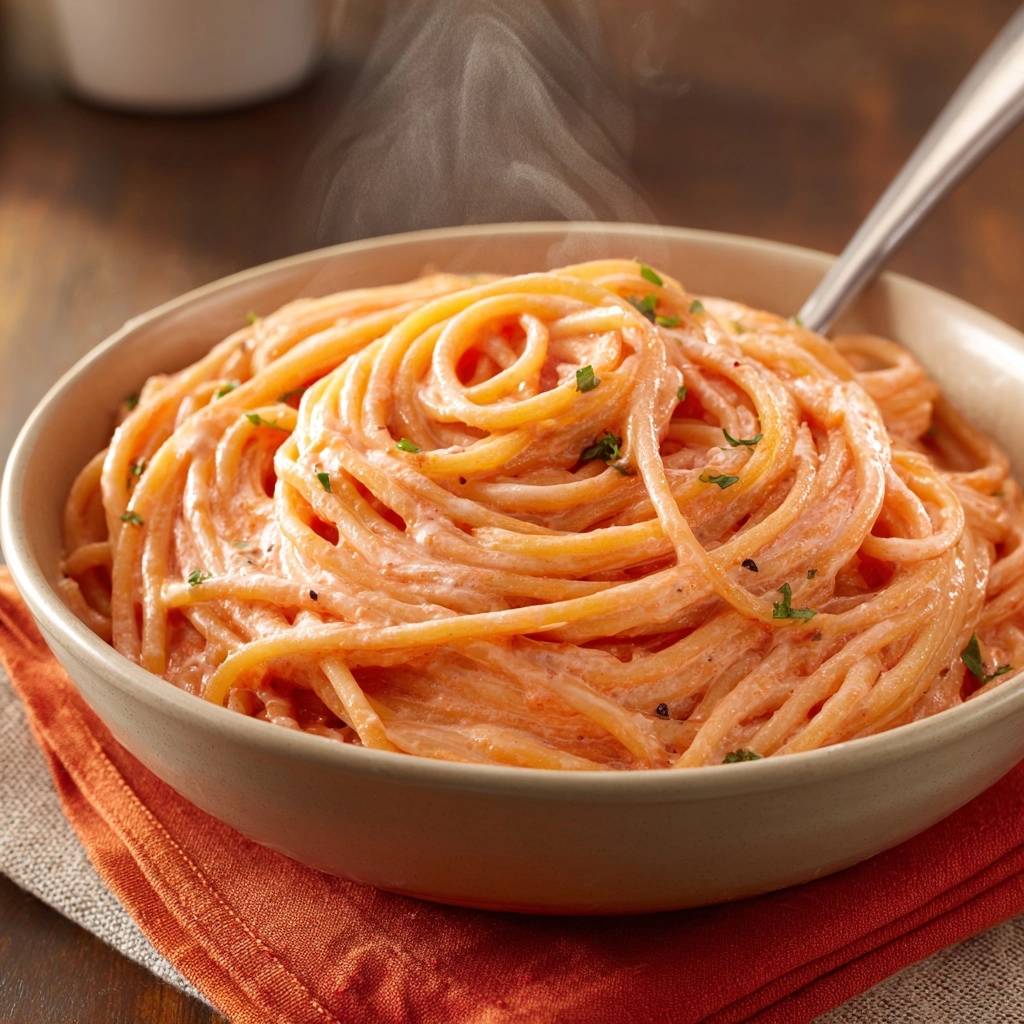 Cremige Tomaten-Spaghetti mit dampfendem Aroma, serviert in einer Schüssel. Die hausgemachte Pasta ist mit einer cremigen Tomatensoße bedeckt.
