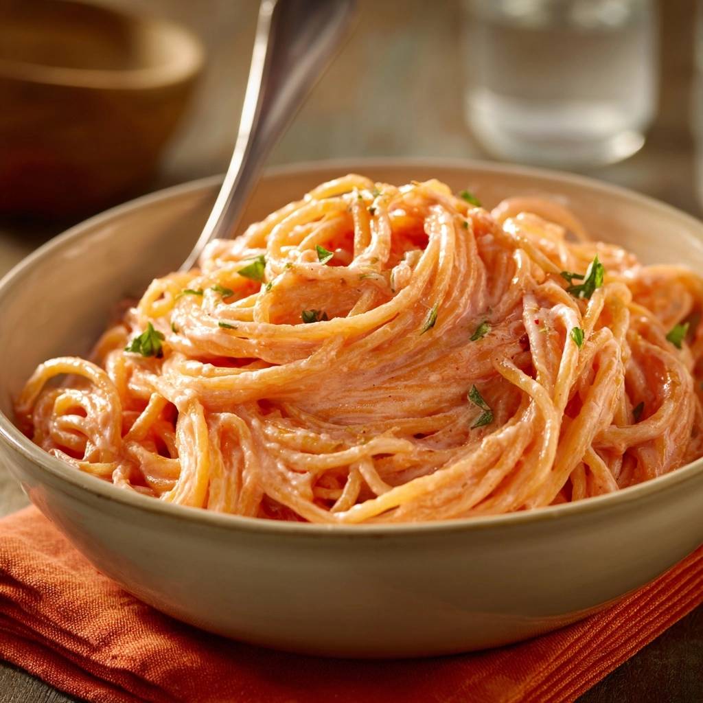 Cremige Tomaten Spaghetti Serviert 1 Cremige Tomaten-Spaghetti, serviert in einer Schüssel, mit einer cremigen Tomatensoße und frischen Kräutern garniert. Ein köstliches Mittagessen.