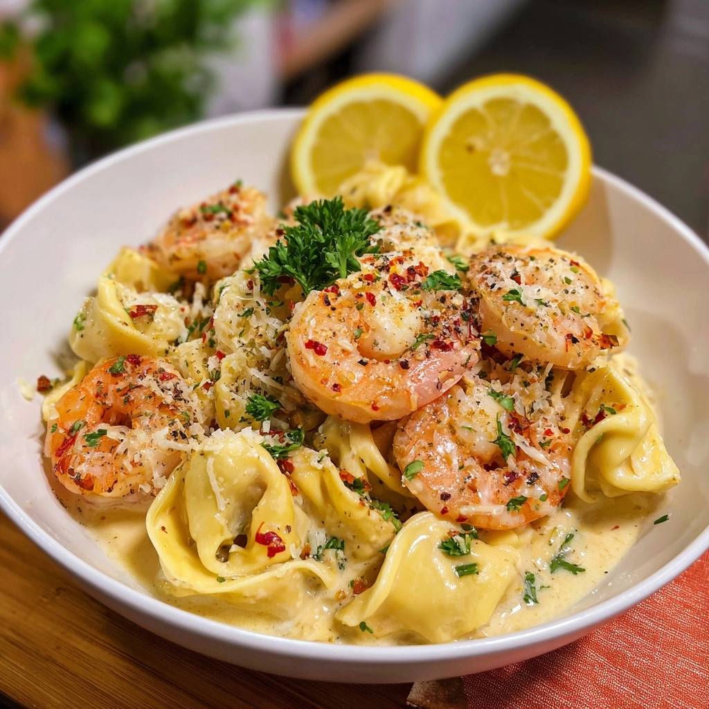 Cremige Zitronen-Garnelen-Tortelloni serviert in einer Schüssel, garniert mit frischer Petersilie, Parmesan und Chiliflocken, serviert mit Zitronenspalten.