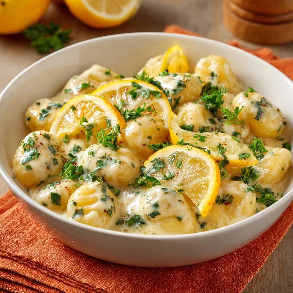 Cremige Zitronen-Gnocchi, garniert mit frischer Petersilie und Zitronenscheiben, serviert in einer weißen Schüssel.