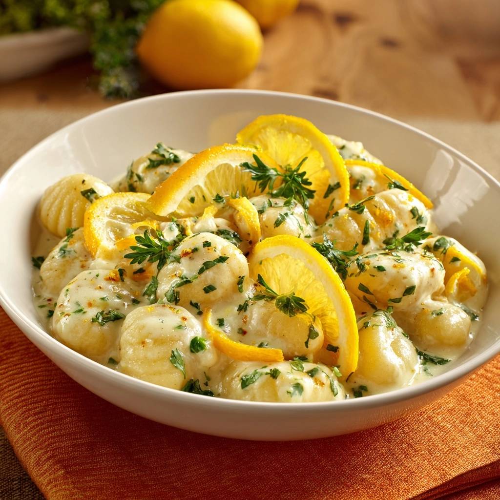 Cremige Zitronen-Gnocchi serviert in einer Schüssel mit cremiger Soße und frischen Zitronenscheiben garniert. Ein köstliches Mittagessen.