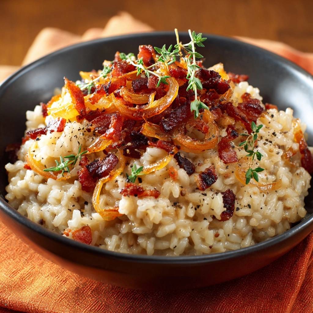 Cremigem Speck Zwiebel Risotto Draufsicht Serviert 1 Cremiges Speck-Zwiebel-Risotto, serviert in einer tiefschwarzen Schüssel, garniert mit knusprigen Zwiebeln, Speck und frischem Thymian.