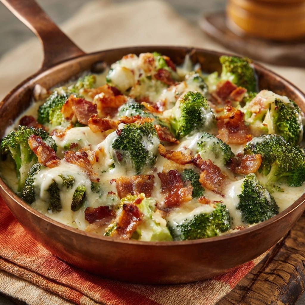 Cremiger Brokkoli Mit Bacon Draufsicht 1 Cremiger Brokkoli mit Bacon in einer kupferfarbenen Pfanne, serviert mit knusprigem Speck und geschmolzenem Käse.