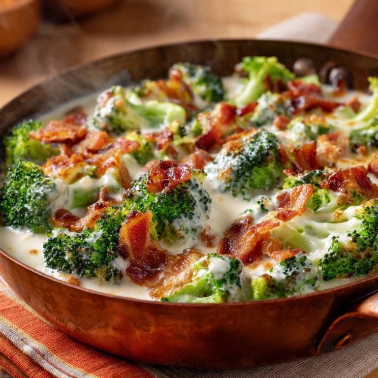 Cremiger Brokkoli mit Bacon in einer Pfanne, Nahaufnahme aus der Vogelperspektive, serviert mit knusprigem Speck.