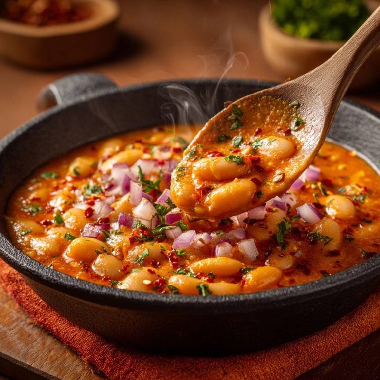Cremiger Chili-Bohneneintopf wird mit einem Holzlöffel serviert, der die dampfende Konsistenz dieses herzhaften Gerichtes zeigt.