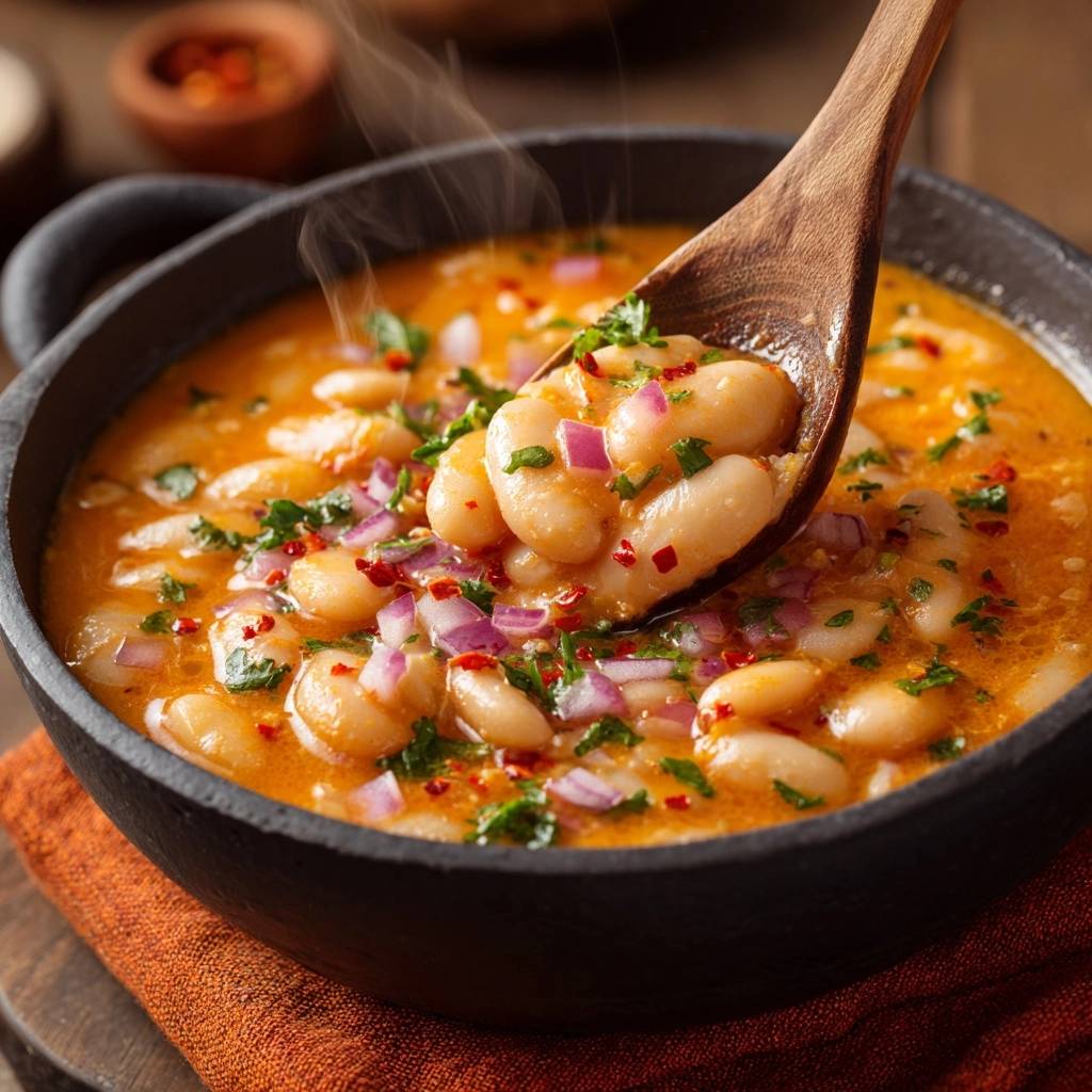 Cremiger Chili Bohneneintopf Nahaufnahme Mit Lffel 1 Cremiger Chili-Bohneneintopf in einer dunklen Schüssel, Nahaufnahme mit einem Holzlöffel, der die Zutaten zeigt. Der Eintopf dampft leicht.