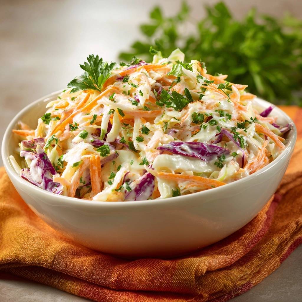 Cremiger Coleslaw in einer Nahaufnahme, garniert mit frischer Petersilie und einer cremigen Sauce, bereit zum Servieren. Dieses Gericht ist perfekt für Picknicks und Grillabende.
