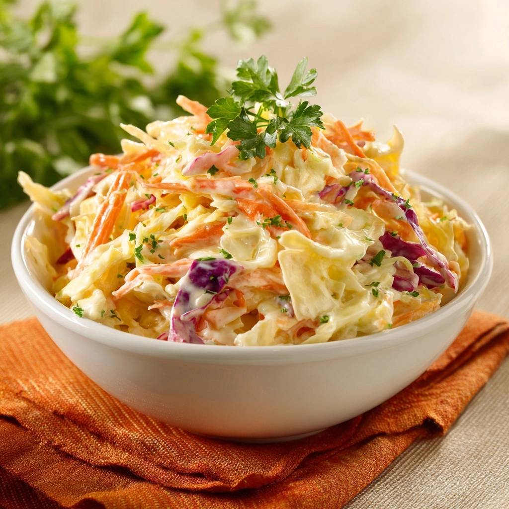 Cremiger Coleslaw, serviert in einer weißen Schüssel, zeigt eine Nahaufnahme der cremigen Textur mit frischer Petersilie garniert.