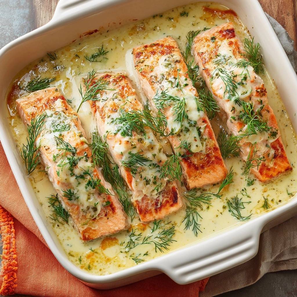 Cremiger Dill Lachs Aus Dem Ofen Draufsicht 1 Cremiger Dill-Lachs aus dem Ofen in einer Auflaufform, von oben betrachtet mit frischem Dill garniert und in cremiger Soße gebacken.