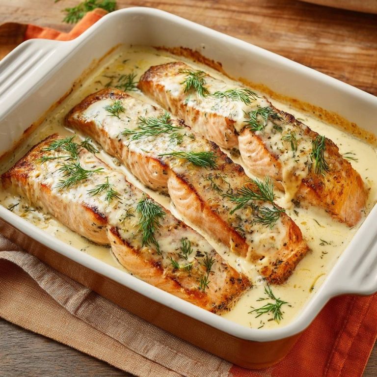 Cremiger Dill-Lachs aus dem Ofen in einer Auflaufform, mit cremiger Sauce bedeckt und mit frischem Dill garniert, von oben betrachtet.