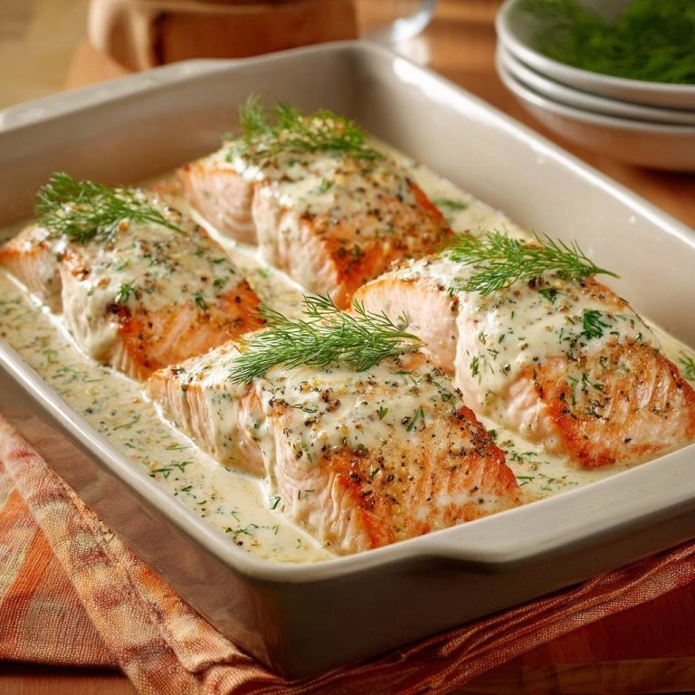 Cremiger Dill-Lachs aus dem Ofen, serviert in einer Auflaufform, mit cremiger Sauce und frischem Dill garniert. Ein einfaches und saftiges Gericht.