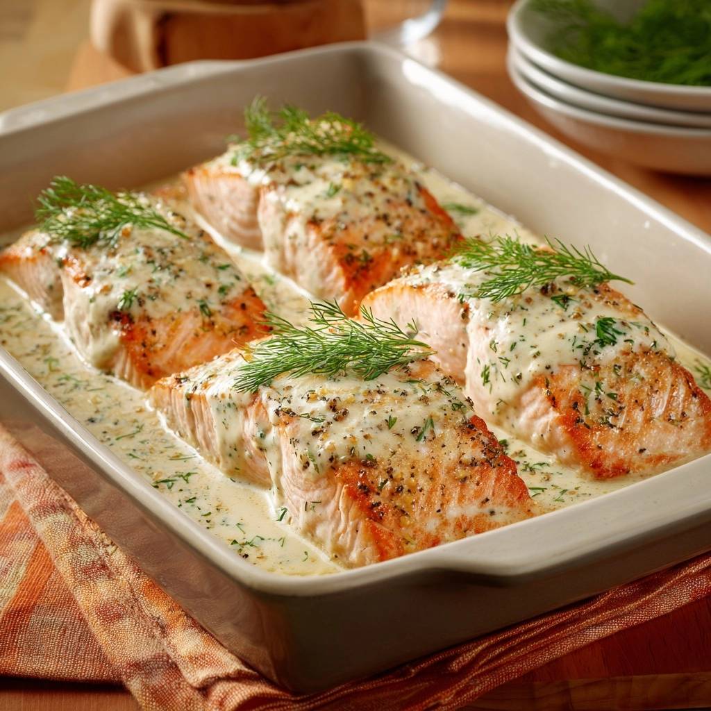 Cremiger Dill-Lachs aus dem Ofen, serviert in einer Auflaufform, mit cremiger Sauce und frischem Dill garniert. Ein einfaches und saftiges Gericht.