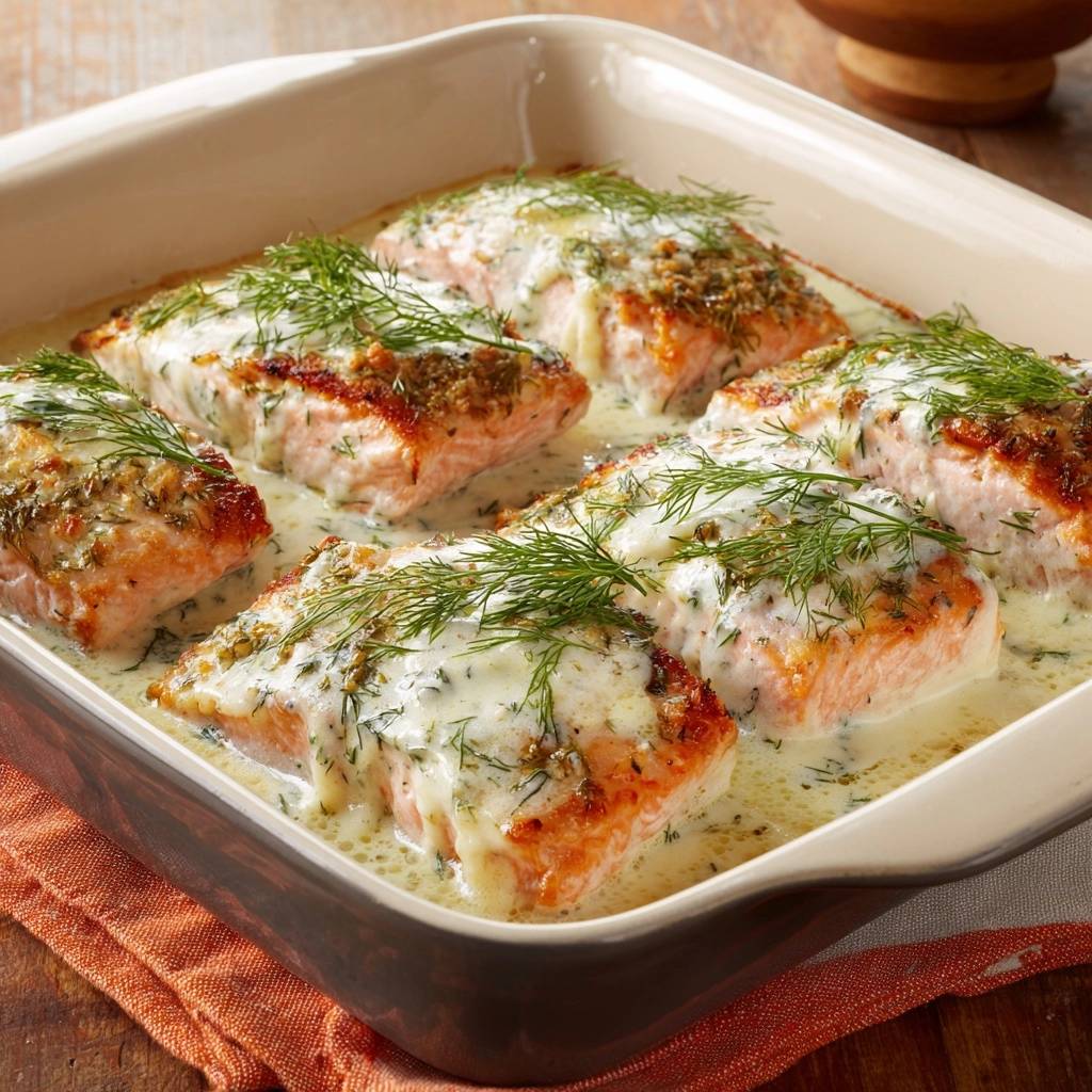 Cremiger Dill Lachs Im Auflauf 1 Cremiger Dill-Lachs aus dem Ofen, serviert in einer Auflaufform mit reichlich Sauce und frischem Dill garniert.