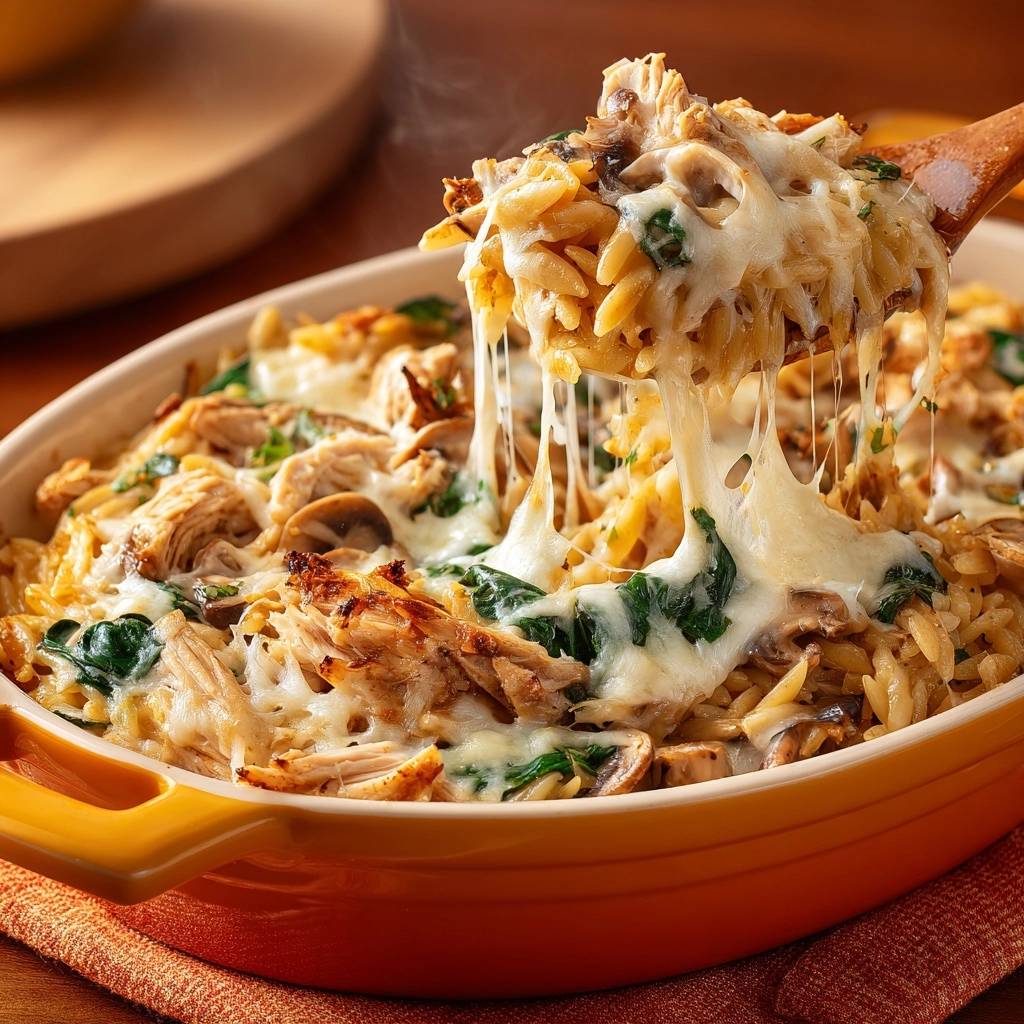 Cremiger Hahnchen Orzo Auflauf Mit Spinat Kaese Zieht 1 Cremiger Hähnchen-Orzo-Auflauf mit Spinat und Champignons, mit geschmolzenem Käse, der sich beim Abheben vom Löffel zieht.