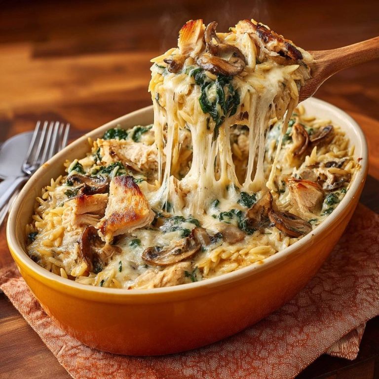 Cremiger Hähnchen-Orzo-Auflauf mit Spinat & Champignons, mit geschmolzenem Käse, der sich beim Herausheben aus der Auflaufform zieht.