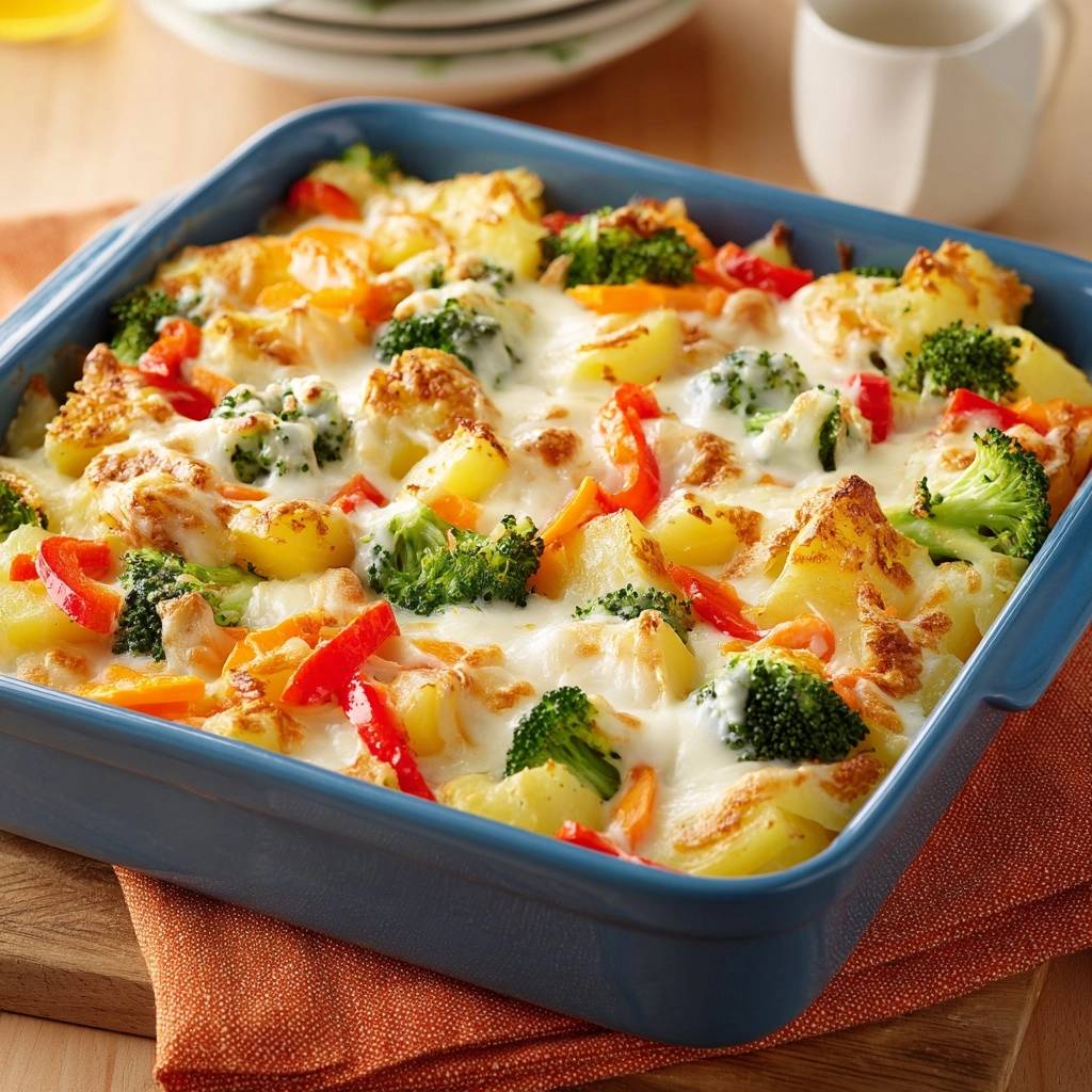 Cremiger Kartoffel-Brokkoli-Paprika-Auflauf in einer blauen Auflaufform, serviert in einer Nahaufnahme von oben. Der Auflauf ist mit Käse überbacken.