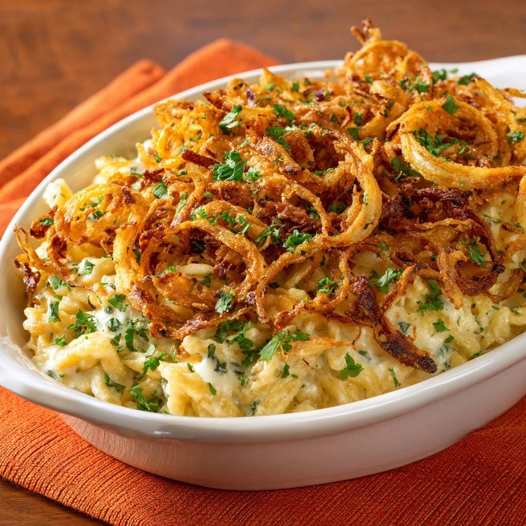 Cremiger Kartoffelauflauf Mit Zwiebelkrone Draufsicht 1 Cremiger Kartoffelauflauf mit Zwiebelkrone, von oben betrachtet, mit knusprigen Zwiebelringen und frischer Petersilie garniert.