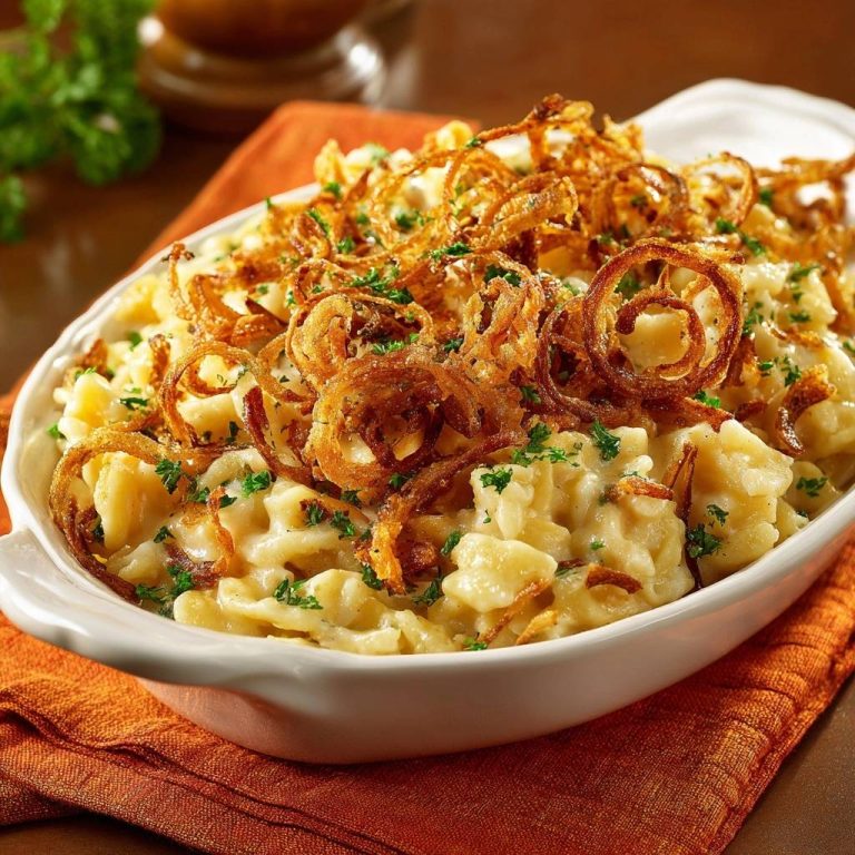 Cremiger Kartoffelauflauf mit Zwiebelkrone in einer weißen Auflaufform, garniert mit knusprigen Zwiebelringen und frischer Petersilie.