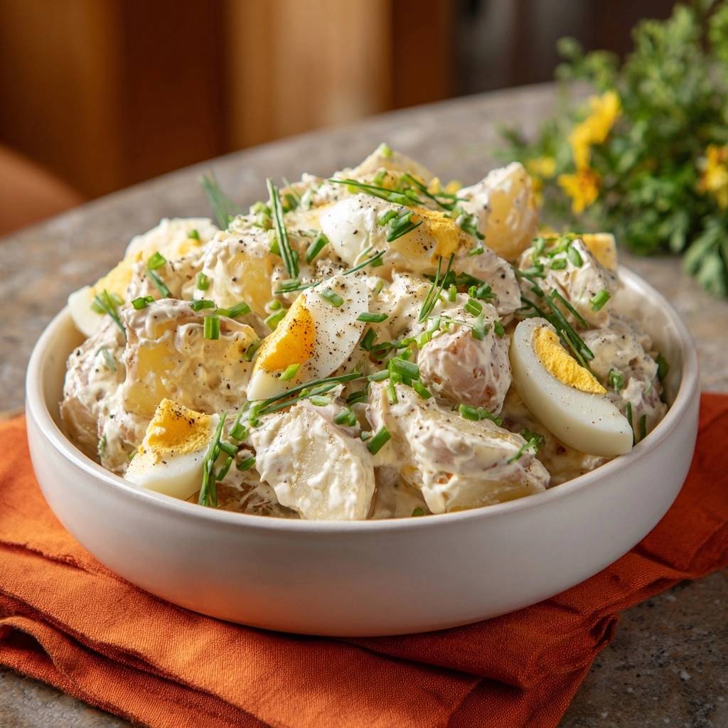 Cremiger Kartoffelsalat Mit Ei Draufsicht 1 Cremiger Kartoffelsalat mit Ei, serviert in einer weißen Schüssel, garniert mit frischen Kräutern und geschnittenen Eiern.