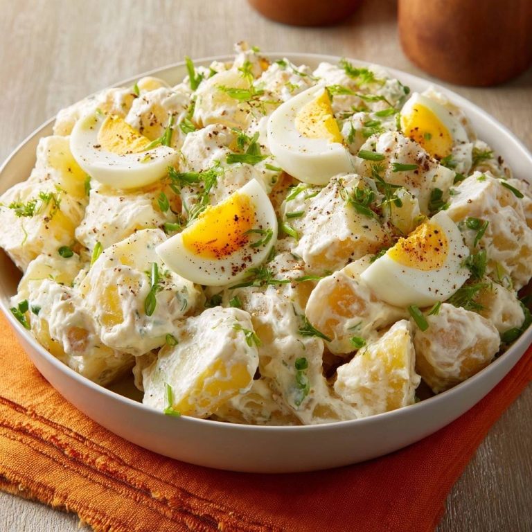 Cremiger Kartoffelsalat mit Ei, von oben fotografiert, mit perfekt gekochten Eierscheiben und frischen Kräutern garniert.