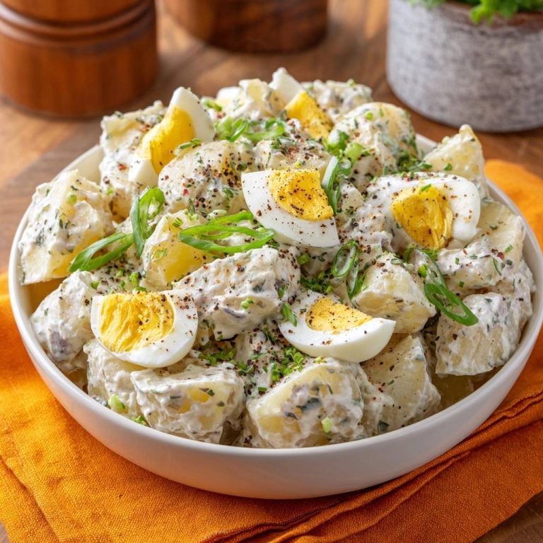 Cremiger Kartoffelsalat mit Ei in einer weißen Schüssel serviert, garniert mit frischen Kräutern und Eierspalten.