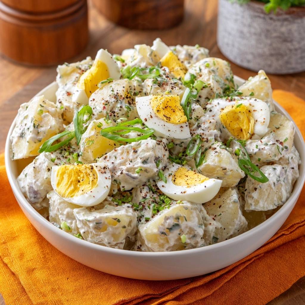 Cremiger Kartoffelsalat mit Ei in einer weißen Schüssel serviert, garniert mit frischen Kräutern und Eierspalten.