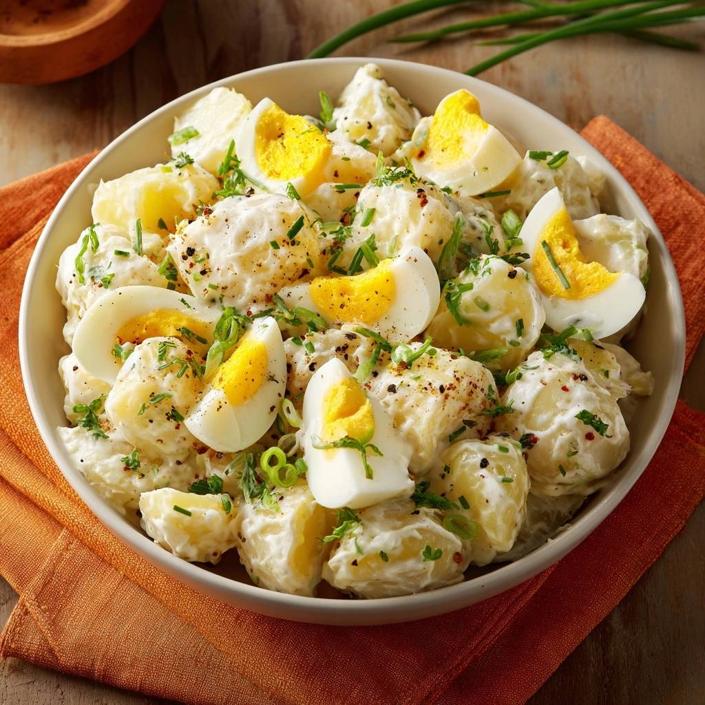 Cremiger Kartoffelsalat Mit Ei Garniert 1 Cremiger Kartoffelsalat mit Ei, garniert mit frischen Kräutern und hartgekochten Eiern, in einer Schüssel serviert.