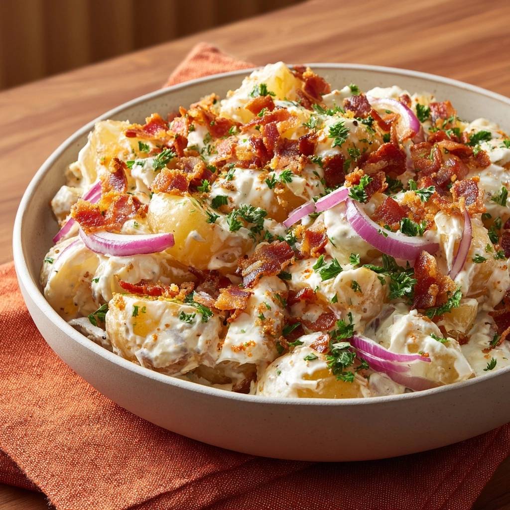 Cremiger Kartoffelsalat Mit Speck Draufsicht Serviert 1 Cremiger Kartoffelsalat mit Speck, serviert in einer Schüssel, mit knusprigem Speck, roten Zwiebeln und Petersilie garniert.