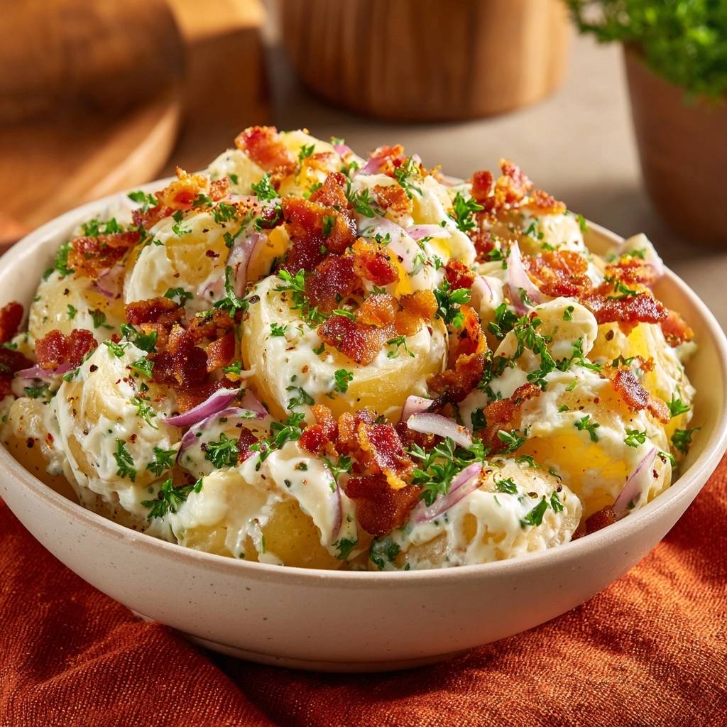 Cremiger Kartoffelsalat mit Speck, von oben gesehen, reichlich mit knusprigem Speck und frischer Petersilie garniert, serviert in einer cremigen Soße.