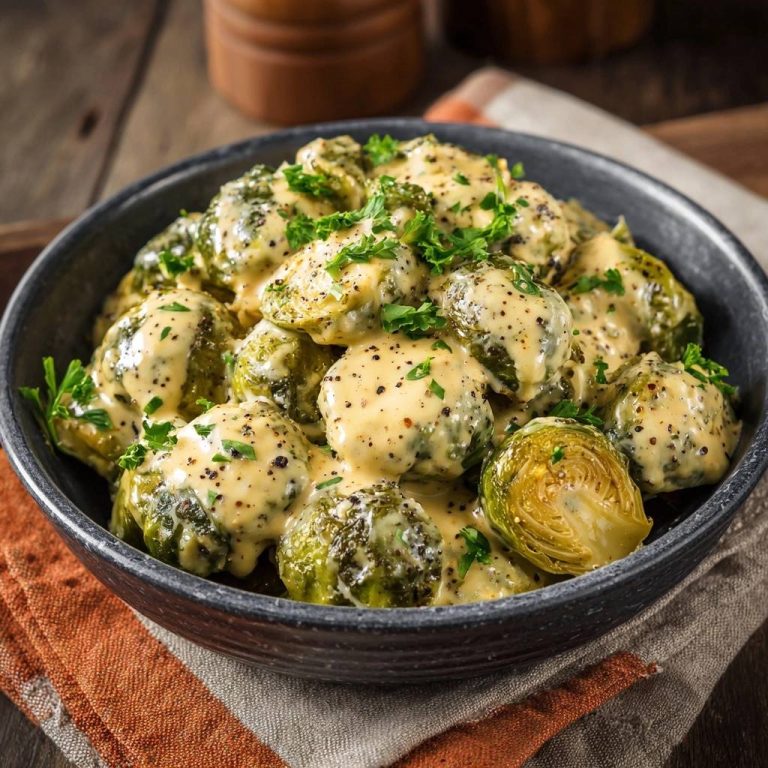 Cremiger Käse-Rosenkohl, serviert in einer dunklen Schüssel, garniert mit frischer Petersilie und reichlich Käsesauce, draufsicht.