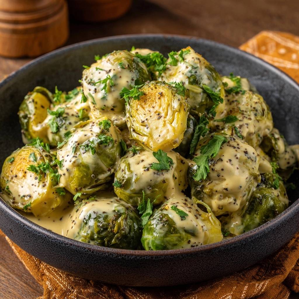 Cremiger Käse-Rosenkohl in einer Schüssel serviert. Eine Nahaufnahme zeigt die knackigen Röschen mit cremiger Sauce und Petersilie.