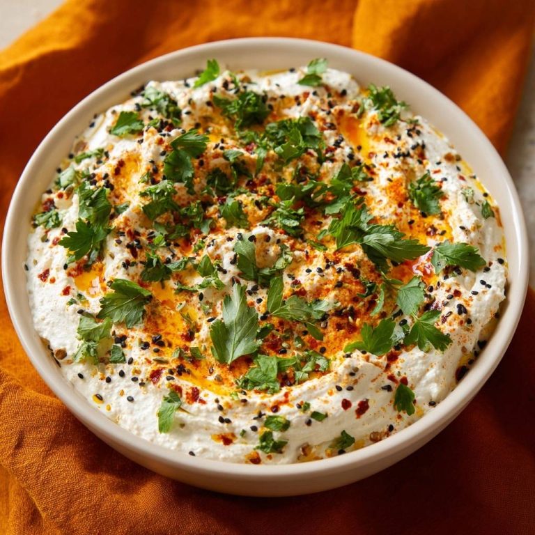 Cremiger Labneh-Dip mit Paprikaöl, serviert in einer Schüssel, garniert mit frischen Kräutern, Chiliflocken und schwarzen Sesamkörnern.