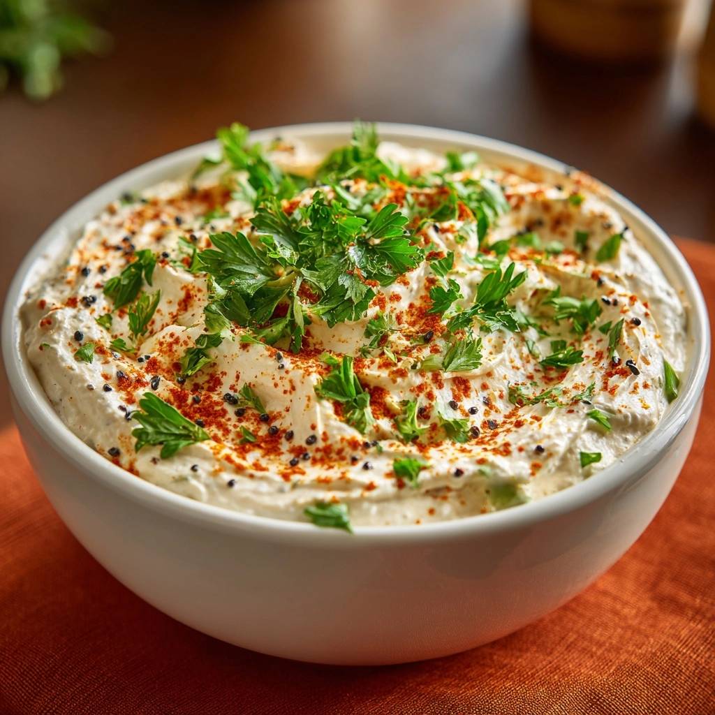 Cremiger Labneh Dip Mit Paprikaoel Kraeutern Draufsicht 1 Cremiger Labneh-Dip mit Paprikaöl und Kräutern, serviert in einer weißen Schüssel, garniert mit frischen Kräutern und Gewürzen.