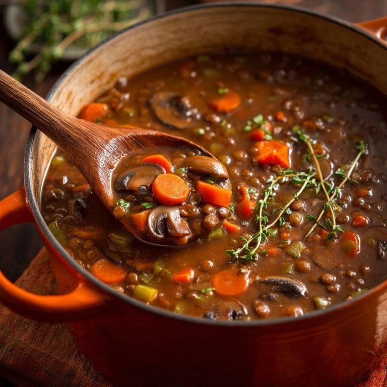 Cremiger Linseneintopf mit Pilzen und Karotten in einer orangefarbenen Kochtopf. Eine Nahaufnahme zeigt die Zutaten, die mit einem Holzlöffel serviert werden.