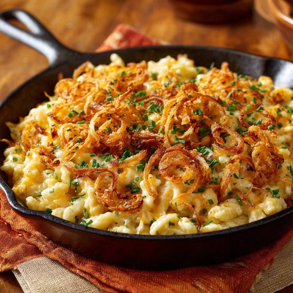 Cremiger Mac And Cheese Mit Knusprigen Zwiebeln Draufsicht 1 Cremiger Mac and Cheese mit knusprigen Zwiebeln, serviert in einer gusseisernen Pfanne, garniert mit frischen Kräutern und knusprigen Zwiebelringen.
