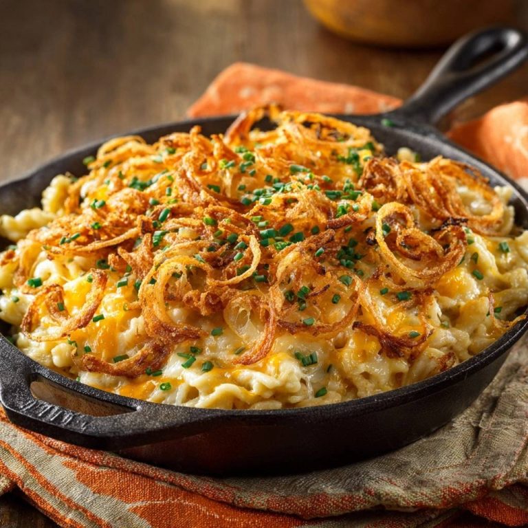 Cremiger Mac and Cheese mit knusprigen Zwiebeln, serviert in einer gusseisernen Pfanne, garniert mit frischen Schnittlauch und knusprigen Zwiebeln.
