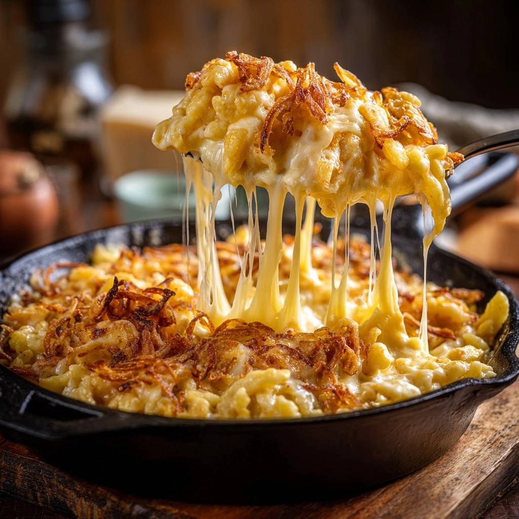 Cremiger Mac and Cheese mit knusprigen Zwiebeln, serviert in einer gusseisernen Pfanne, mit geschmolzenem Käse, der sich zieht.
