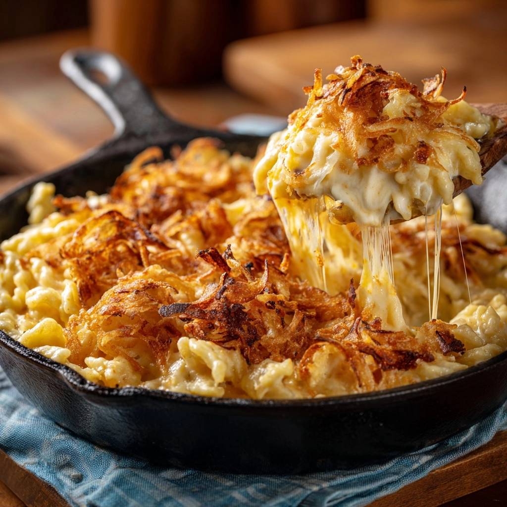 Cremiger Mac and Cheese mit knusprigen Zwiebeln in einer Gusspfanne, mit geschmolzenem Käse, der von einem Holzlöffel tropft.