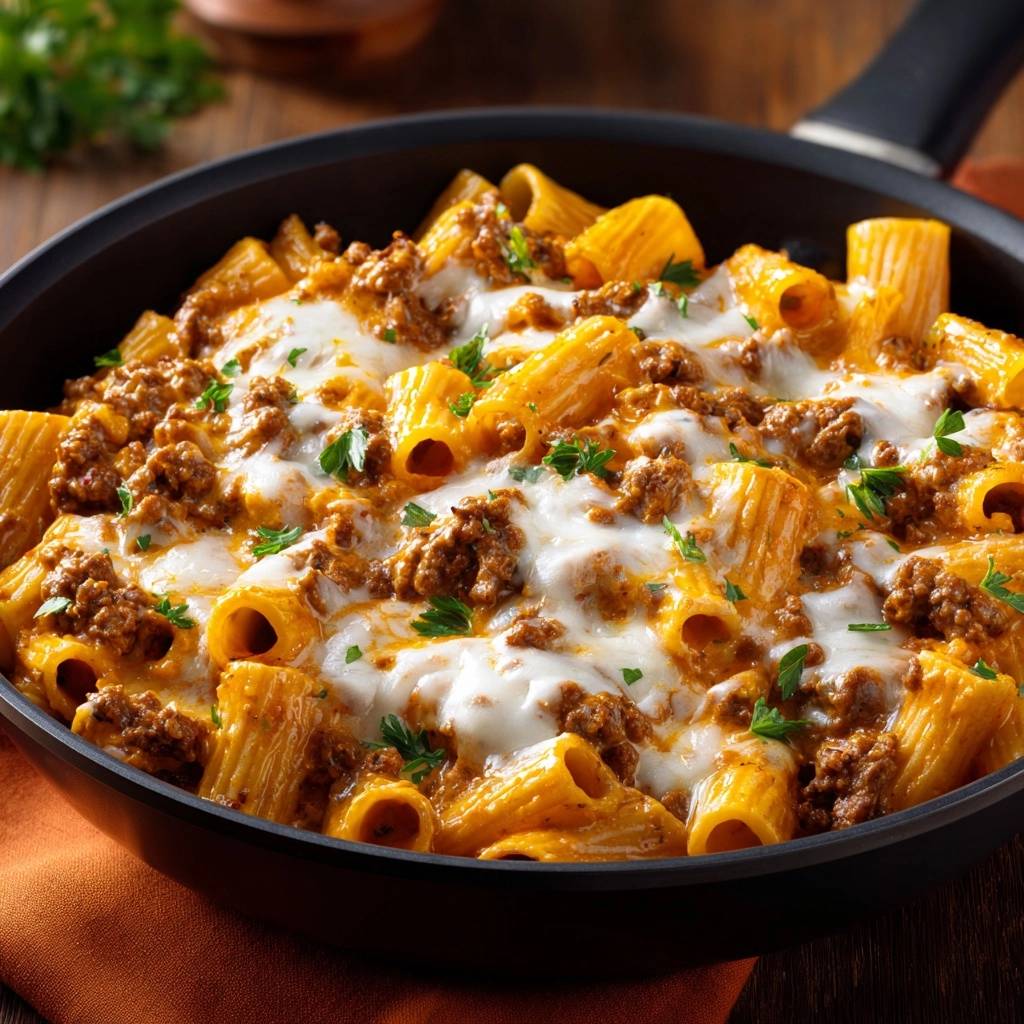 Cremiger Rigatoni Hack Auflauf Draufsicht 1 Cremiger Rigatoni-Hack-Auflauf in einer Pfanne von oben betrachtet, mit geschmolzenem Käse und frischer Petersilie garniert.