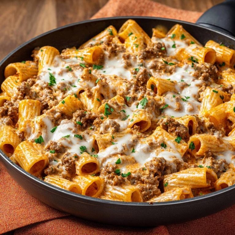 Cremiger Rigatoni-Hack-Auflauf in der Pfanne, mit geschmolzenem Käse und frischer Petersilie garniert, von oben fotografiert.