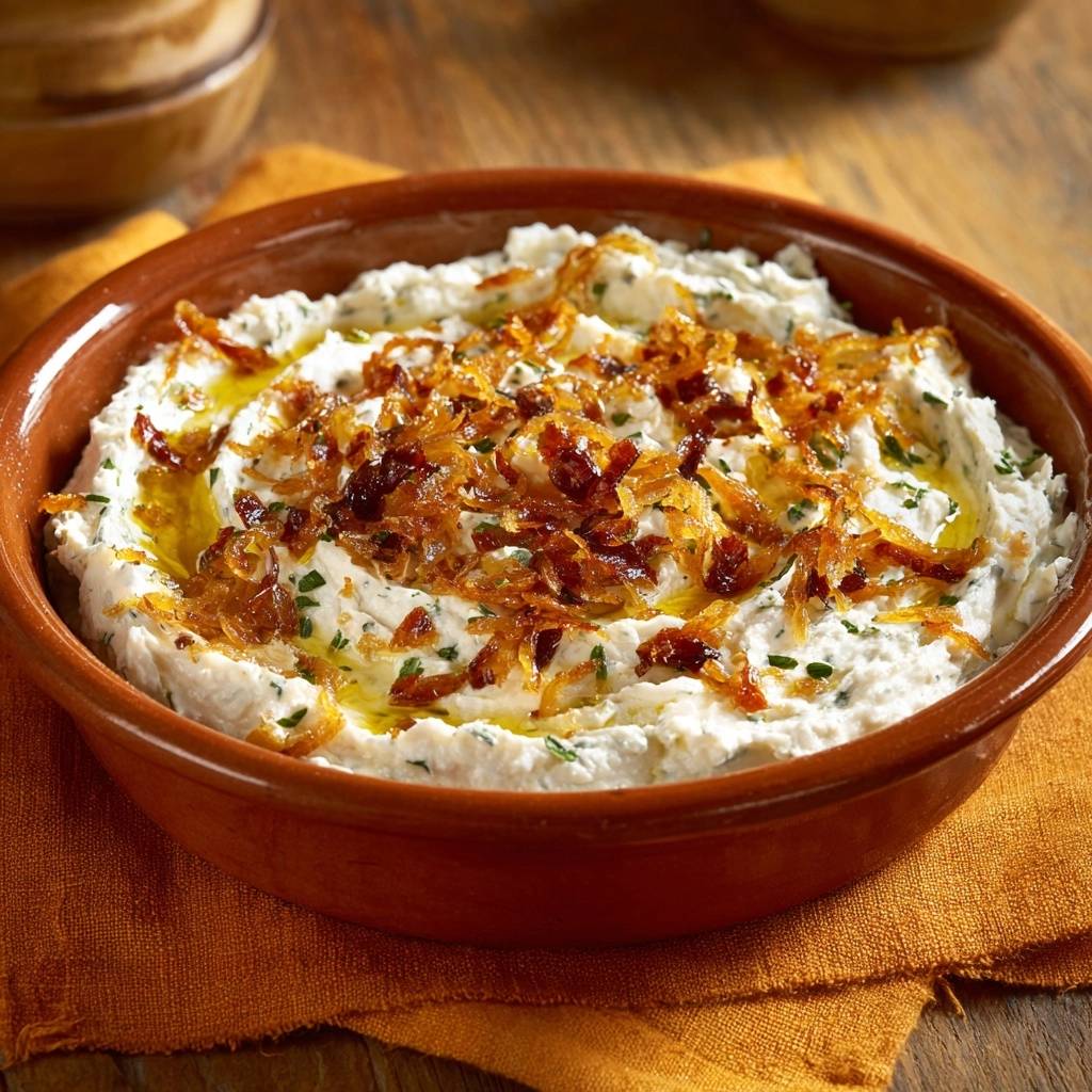 Cremiger Thymian Feta Dip Mit Knusprigen Zwiebeln Draufsicht 1 Cremiger Thymian-Feta-Dip mit knusprigen Zwiebeln, serviert in einer rustikalen Schüssel, mit goldbraunen Zwiebeln und frischen Kräutern garniert.