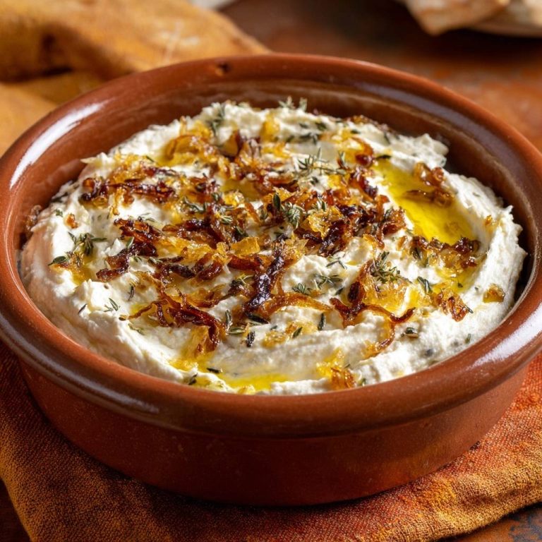Cremiger Thymian-Feta-Dip mit knusprigen Zwiebeln in einer rustikalen Schale, garniert mit frischem Thymian und einer großzügigen Menge Zwiebeln.