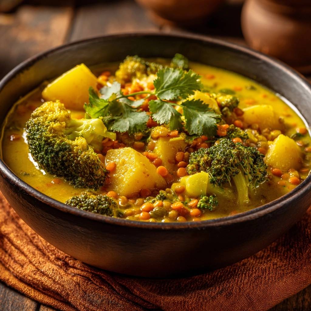 Cremiges Brokkoli Kartoffel Dal Nahaufnahme 1 Cremiges Brokkoli-Kartoffel-Dal in einer dunklen Schüssel, serviert mit frischen Kräutern in Nahaufnahme. Dieses herzhafte Gericht ist perfekt für ein warmes Abendessen.
