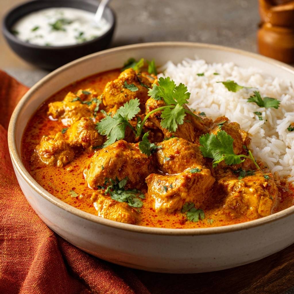 Cremiges Butter Chicken mit Reis und Raita in einer Schüssel serviert, mit frischem Koriander garniert und daneben Raita.